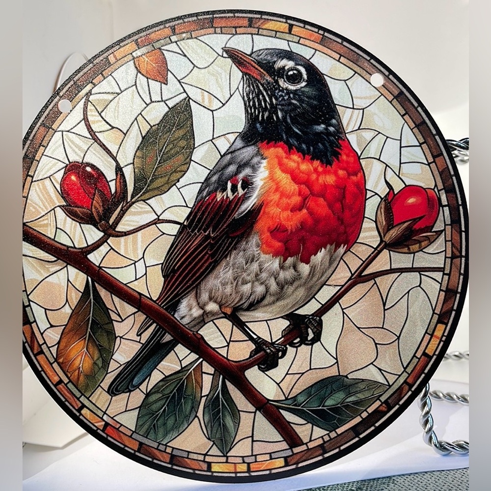 Acrylic Suncatcher Wildlife Robin Bird Decorative Round Faux Stained Glass Decor